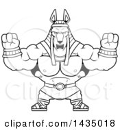 Clipart Of A Cartoon Black And White Lineart Buff Muscular Anubis Holding His Fists Up In Balls Of Rage Royalty Free Vector Illustration