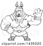 Clipart Of A Cartoon Black And White Lineart Buff Muscular Anubis Waving Royalty Free Vector Illustration by Cory Thoman