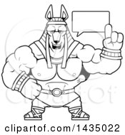 Clipart Of A Cartoon Black And White Lineart Buff Muscular Anubis Holding Up A Finger And Talking Royalty Free Vector Illustration