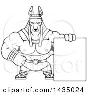 Cartoon Black And White Lineart Buff Muscular Anubis With A Blank Sign