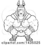 Poster, Art Print Of Cartoon Black And White Lineart Happy Buff Muscular Anubis