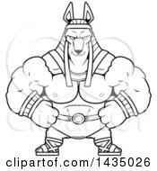 Clipart Of A Cartoon Black And White Lineart Smug Buff Muscular Anubis Royalty Free Vector Illustration
