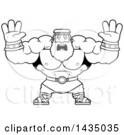 Poster, Art Print Of Cartoon Black And White Lineart Buff Muscular Zeus Holding His Hands Up And Screaming