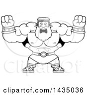 Poster, Art Print Of Cartoon Black And White Lineart Buff Muscular Zeus Holding His Fists In Balls Of Rage