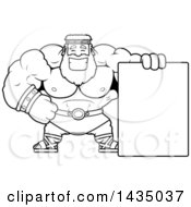 Poster, Art Print Of Cartoon Black And White Lineart Buff Muscular Zeus With A Blank Sign