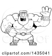 Clipart Of A Cartoon Black And White Lineart Buff Muscular Zeus Waving Royalty Free Vector Illustration by Cory Thoman
