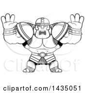 Clipart Of A Cartoon Black And White Lineart Buff Muscular Warrior Holding His Hands Up And Screaming Royalty Free Vector Illustration