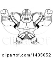 Poster, Art Print Of Cartoon Black And White Lineart Buff Muscular Warrior Holding His Fists In Balls Of Rage