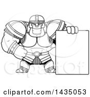 Clipart Of A Cartoon Black And White Lineart Buff Muscular Warrior With A Blank Sign Royalty Free Vector Illustration