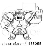 Clipart Of A Cartoon Black And White Lineart Buff Muscular Warrior Talking Royalty Free Vector Illustration