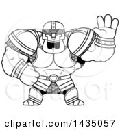Clipart Of A Cartoon Black And White Lineart Buff Muscular Warrior Waving Royalty Free Vector Illustration