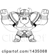 Poster, Art Print Of Cartoon Black And White Lineart Buff Muscular Viking Warrior Holding His Fists In Balls Of Rage