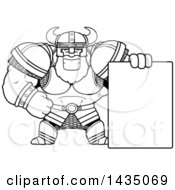 Poster, Art Print Of Cartoon Black And White Lineart Buff Muscular Viking Warrior With A Blank Sign