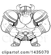 Clipart Of A Cartoon Black And White Lineart Smug Buff Muscular Viking Warrior Royalty Free Vector Illustration