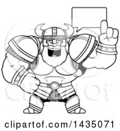 Clipart Of A Cartoon Black And White Lineart Buff Muscular Viking Warrior Talking Royalty Free Vector Illustration