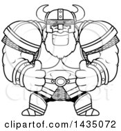 Clipart Of A Cartoon Black And White Lineart Buff Muscular Viking Warrior Giving Two Thumbs Up Royalty Free Vector Illustration