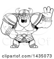 Clipart Of A Cartoon Black And White Lineart Buff Muscular Viking Warrior Waving Royalty Free Vector Illustration