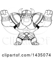 Poster, Art Print Of Cartoon Black And White Lineart Buff Muscular Viking Warrior Cheering