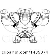 Clipart Of A Cartoon Black And White Lineart Buff Muscular Viking Warrior Cheering Royalty Free Vector Illustration