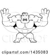 Clipart Of A Cartoon Black And White Lineart Buff Muscular Male Super Hero Holding His Hands Up And Screaming Royalty Free Vector Illustration
