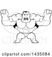 Clipart Of A Cartoon Black And White Lineart Buff Muscular Male Super Hero Holding His Fists In Balls Of Rage Royalty Free Vector Illustration