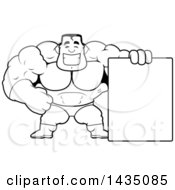 Poster, Art Print Of Cartoon Black And White Lineart Buff Muscular Male Super Hero With A Blank Sign