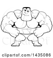 Clipart Of A Cartoon Black And White Lineart Smug Buff Muscular Male Super Hero Royalty Free Vector Illustration