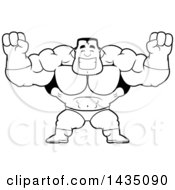 Clipart Of A Cartoon Black And White Lineart Buff Muscular Male Super Hero Cheering Royalty Free Vector Illustration