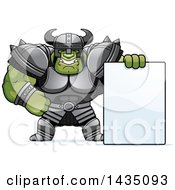 Poster, Art Print Of Cartoon Buff Muscular Orc With A Blank Sign