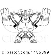 Clipart Of A Cartoon Black And White Lineart Buff Muscular Orc Holding His Hands Up And Screaming Royalty Free Vector Illustration