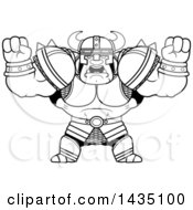 Clipart Of A Cartoon Black And White Lineart Buff Muscular Orc Holding His Fists In Balls Of Rage Royalty Free Vector Illustration