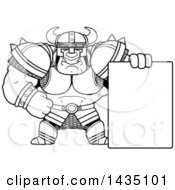 Poster, Art Print Of Cartoon Black And White Lineart Buff Muscular Orc With A Blank Sign