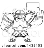 Clipart Of A Cartoon Black And White Lineart Buff Muscular Orc Talking Royalty Free Vector Illustration