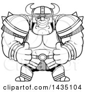 Clipart Of A Cartoon Black And White Lineart Buff Muscular Orc Giving Two Thumbs Up Royalty Free Vector Illustration