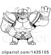 Clipart Of A Cartoon Black And White Lineart Buff Muscular Orc Waving Royalty Free Vector Illustration
