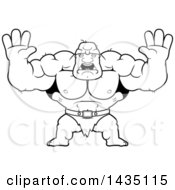 Clipart Of A Cartoon Black And White Lineart Buff Muscular Ogre Holding His Hands Up And Screaming Royalty Free Vector Illustration