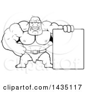 Clipart Of A Cartoon Black And White Lineart Buff Muscular Ogre With A Blank Sign Royalty Free Vector Illustration