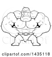 Clipart Of A Cartoon Black And White Lineart Smug Buff Muscular Ogre Royalty Free Vector Illustration