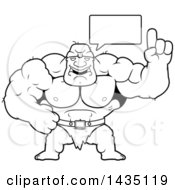 Clipart Of A Cartoon Black And White Lineart Buff Muscular Ogre Talking Royalty Free Vector Illustration