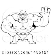 Clipart Of A Cartoon Black And White Lineart Buff Muscular Ogre Waving Royalty Free Vector Illustration