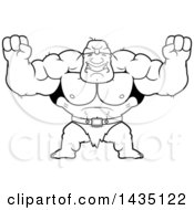Clipart Of A Cartoon Black And White Lineart Buff Muscular Ogre Cheering Royalty Free Vector Illustration
