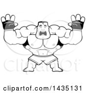 Clipart Of A Cartoon Black And White Lineart Buff Muscular MMA Fighter Holding His Hands Up And Screaming Royalty Free Vector Illustration