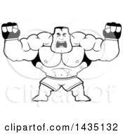 Poster, Art Print Of Cartoon Black And White Lineart Buff Muscular Mma Fighter Holding His Fists In Balls Of Rage