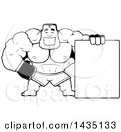 Poster, Art Print Of Cartoon Black And White Lineart Buff Muscular Mma Fighter With A Blank Sign