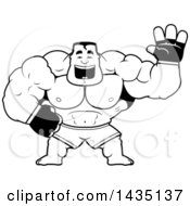 Clipart Of A Cartoon Black And White Lineart Buff Muscular MMA Fighter Waving Royalty Free Vector Illustration