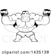 Clipart Of A Cartoon Black And White Lineart Buff Muscular MMA Fighter Cheering Royalty Free Vector Illustration