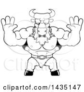 Clipart Of A Cartoon Black And White Lineart Scared Buff Muscular Minotaur Holding His Hands Up Royalty Free Vector Illustration