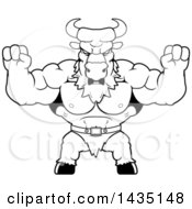 Clipart Of A Cartoon Black And White Lineart Buff Muscular Minotaur Holding His Fists In Balls Of Rage Royalty Free Vector Illustration