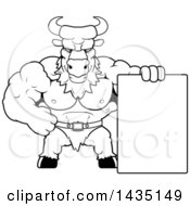 Clipart Of A Cartoon Black And White Lineart Buff Muscular Minotaur With A Blank Sign Royalty Free Vector Illustration