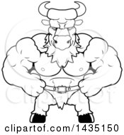 Clipart Of A Cartoon Black And White Lineart Smug Buff Muscular Minotaur Royalty Free Vector Illustration